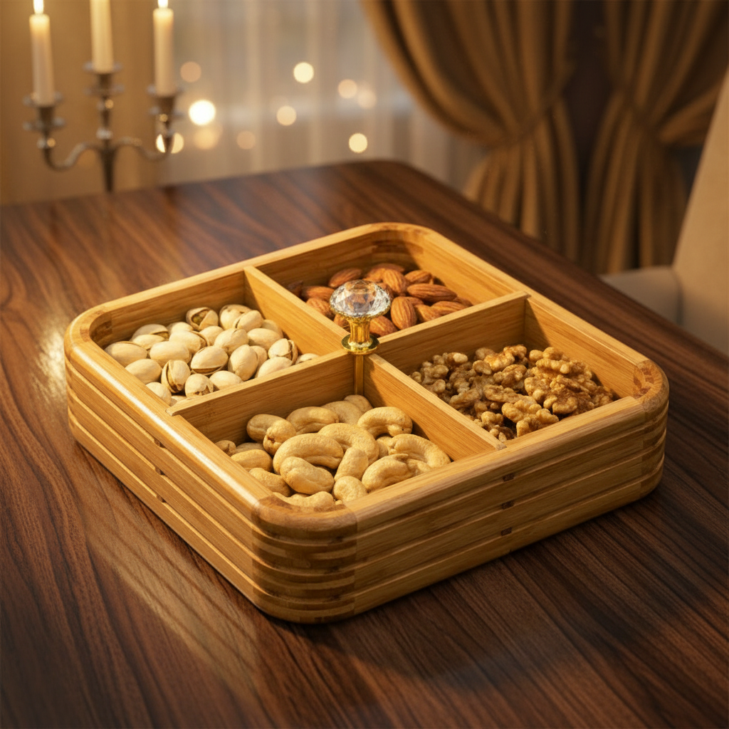 Luxury Wooden 4-Grid Dry Fruits & Snacks Serving Box