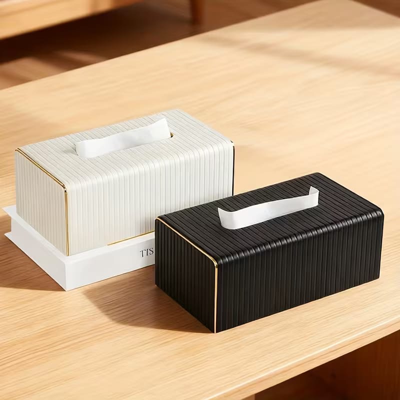 Nordic-style White Leather Tissue Box Cover With Gold Accent Edge
