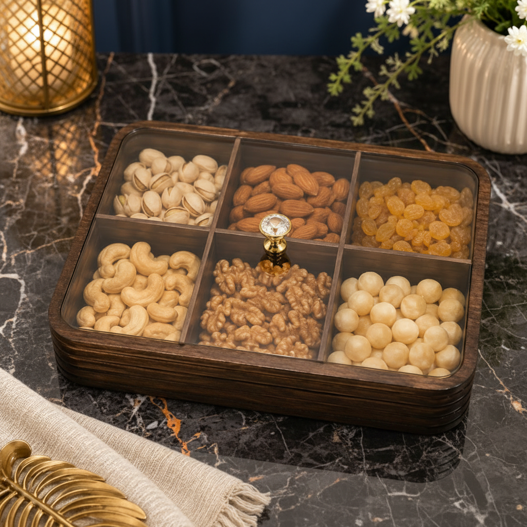 Luxury Wooden 6-Grid Dry Fruits & Snacks Serving Box