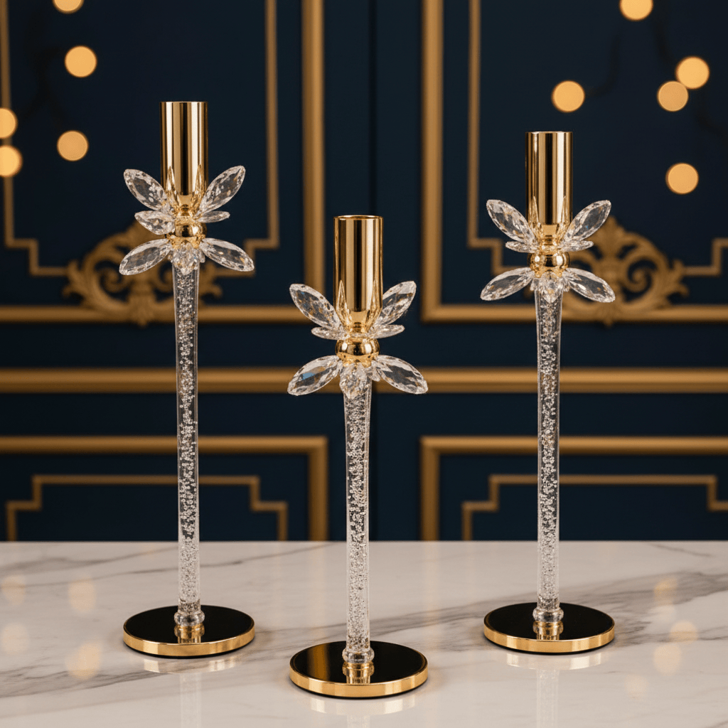 Luxury Gold Crystal Flower Candle Holder Set (3Pcs)