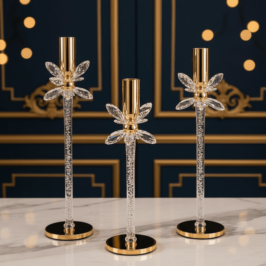 Luxury Gold Crystal Flower Candle Holder Set (3Pcs)