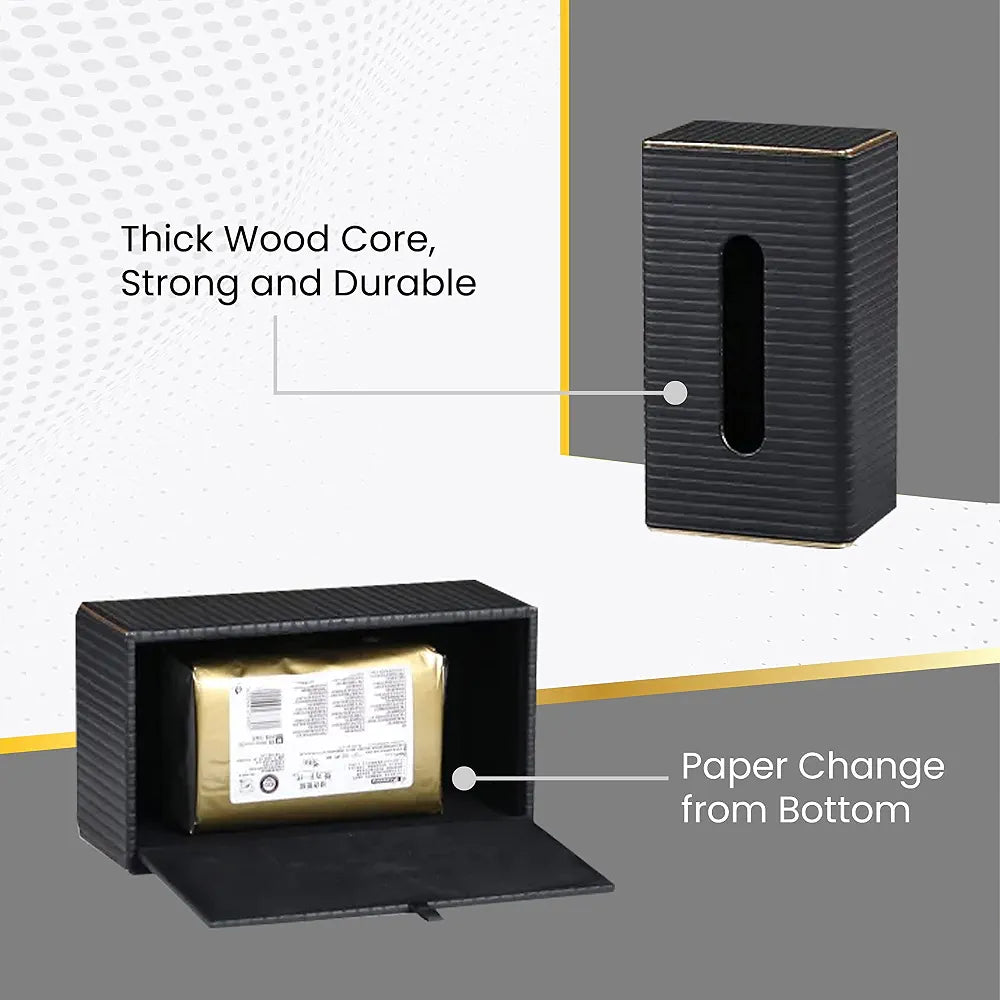 Nordic-style Black Leather Tissue Box Cover With Gold Accent Edge