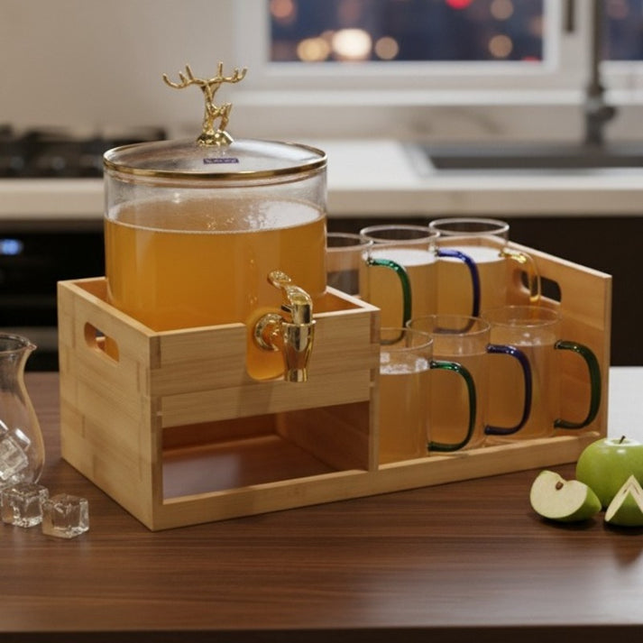 Echou GoldenDeer Glass Dispenser Set with Wooden Stand & 6 Glasses