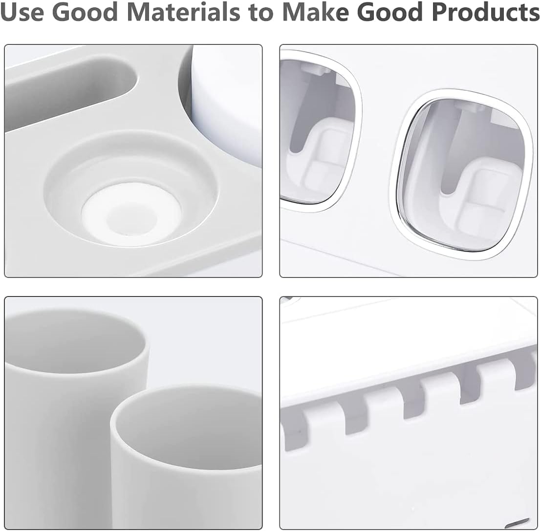 Wall Mount Automatic Toothpaste Squeezer Set, 2 Toothpaste Dispensers 4 Cups and 5 Toothbrush Slots Toiletries Storage Rack