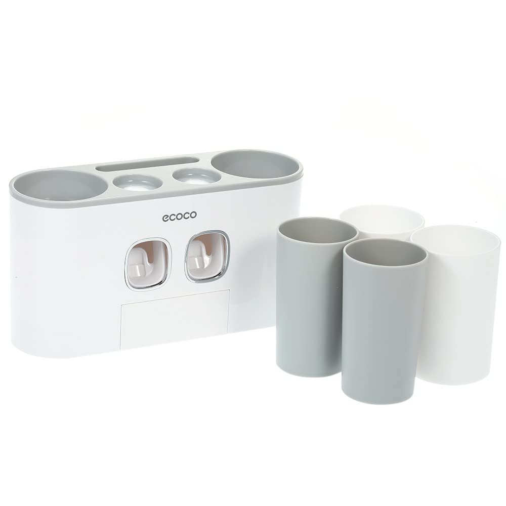 Wall Mount Automatic Toothpaste Squeezer Set, 2 Toothpaste Dispensers 4 Cups and 5 Toothbrush Slots Toiletries Storage Rack