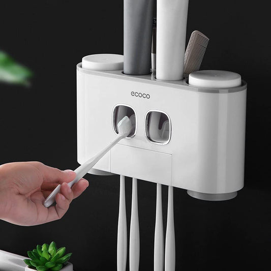 Wall Mount Automatic Toothpaste Squeezer Set, 2 Toothpaste Dispensers 4 Cups and 5 Toothbrush Slots Toiletries Storage Rack