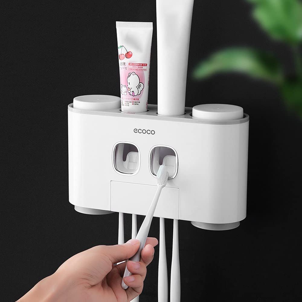 Wall Mount Automatic Toothpaste Squeezer Set, 2 Toothpaste Dispensers 4 Cups and 5 Toothbrush Slots Toiletries Storage Rack