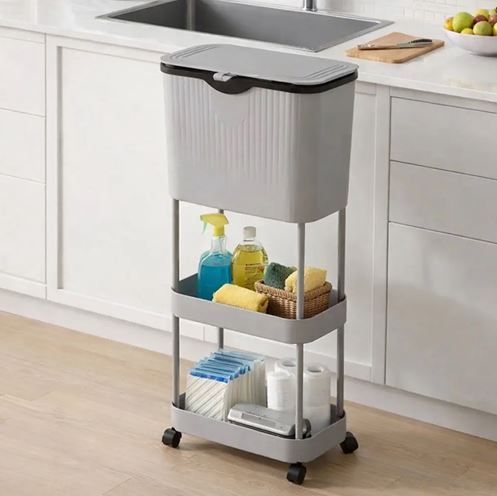 Kitchen Trash Can with Lid, Garbage Bin with Storage Rack, Narrow Waste Basket